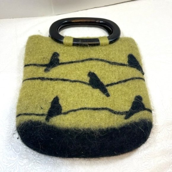 Wool Green w/Birds Double Wooden Handle Handbag Purse Hnadmade - Picture 1 of 13